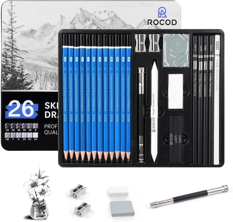 ROCOD Sketch Pencils for Kids and Adults Drawing, 26-Piece Profession Sketching Pencils, Drawing Pencil for Artists Beginner Sketching, Art Graphite Pencil 6B to 4H - Image 1